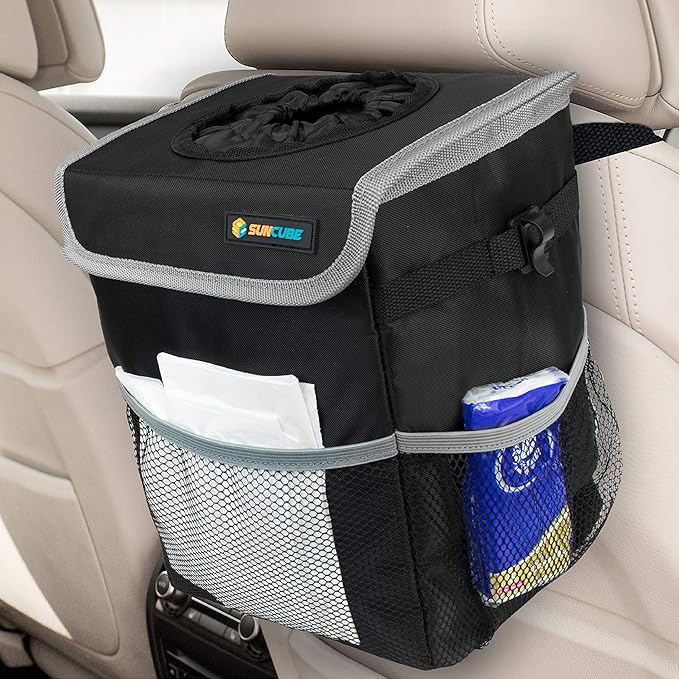 SUN CUBE Waterproof Car Trash Can with Lid, Mesh Pockets | Leakproof Car Garbage Can Hanging | Auto Trash Bin, Garbage Bag Organizer for Headrest, Console, Truck (Black/Gray)