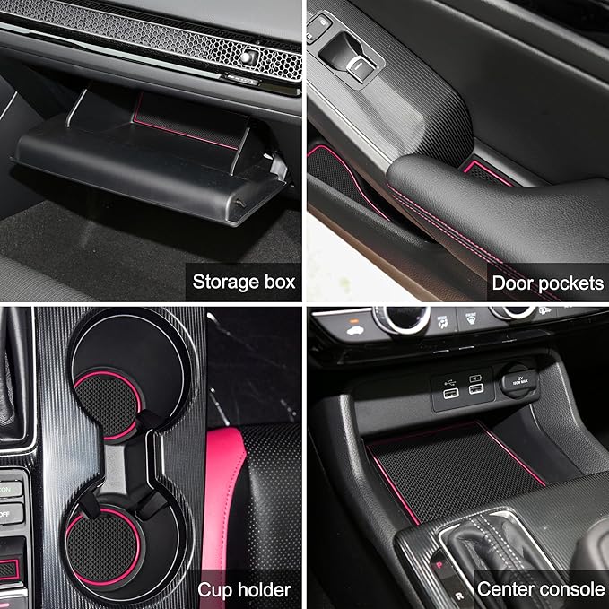 SENSHINE for Honda Civic Accessories 2022 2023 2024 2025 2026 11th Gen Sedan Cup Holder Insert Center Console Liner Door Slot Mats Pad Coaster Trim Premium Rubber Custom Interior 17PC Set (Pink Trim)
