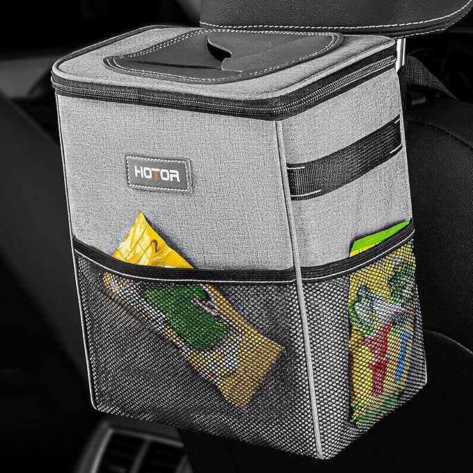 HOTOR Car Trash Can - Multifunctional Car Accessory for Interior Stuff with Compact Design, Waterproof Organizer and Storage with Adjustable Straps, Magnetic Snaps (Light Gray)