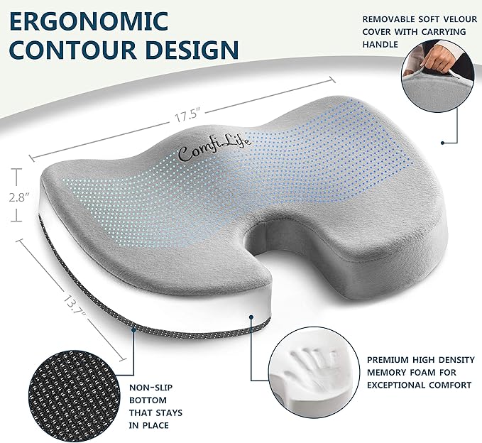 ComfiLife Premium Comfort Seat Cushion - Non-Slip Orthopedic 100% Memory Foam Coccyx Cushion for Tailbone Pain - Cushion for Office Chair Car Seat - Back Pain & Sciatica Relief (Gray)