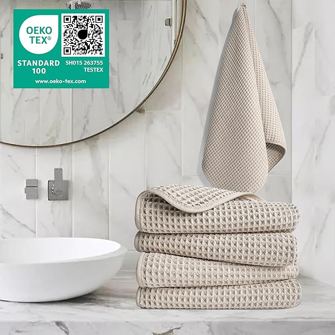 POLYTE 430 GSM Microfiber Lint Free Hand Towel, 16 x 30 in, 4 Pack (Waffle Weave)
