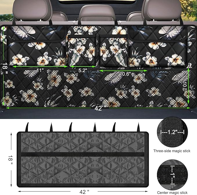 Femuar Car Trunk Organizer, Large Capacity Backseat Trunk Organizer (42"*18"), Collapsible Car Storage Bag with 8 Pockets - Hibiscus