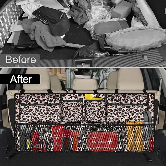 Femuar Car Trunk Organizer,Large Capacity Backseat Trunk Organizer(42"*18"),Collapsible Car Storage Bag with 8 Pocekt,Car Organizer for SUV/MPV/Truck - Leopard print