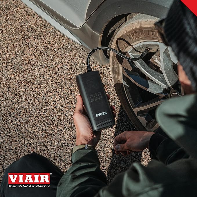 Viair Every Vehicle Carry EVC25 - rechargeable, portable compressor - LED gauge w/preset - Tire Inflator ideal for compact & mid-size cars, LT trucks, E-bikes, motorcycles & Inflatables