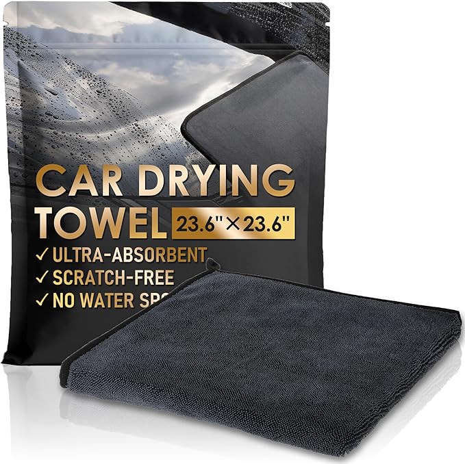 Car Drying Towel, Double-Sided Microfiber Towels for Cars, Ultra Absorbent Washing Cloth, Lint Free, Streak-Free, Reusable | 23.6x23.6 | Car Cleaning Supplies | Car Accessories | Black - Japan Import