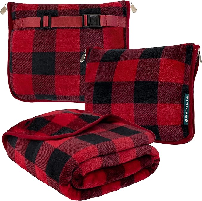 PAVILIA Travel Blanket Pillow, Soft Airplane Blanket 2-IN-1 Combo Set, Plane Blanket Compact Packable, Flight Essential Car Pillow, Travelers Gift Accessories Luggage Backpack Strap, 60x43 Checker Red