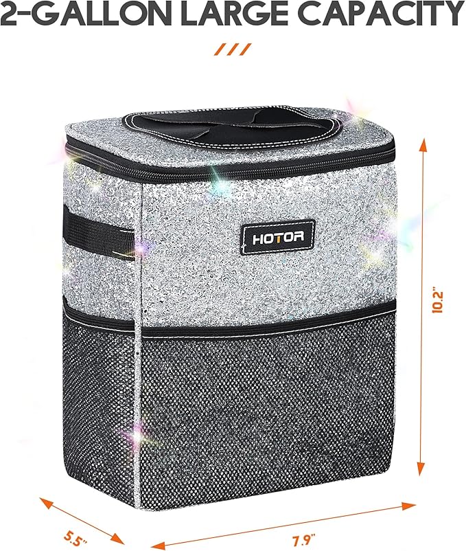 HOTOR Car Trash Can with Lid and Storage Pockets - 100% Leak-Proof Organizer, Waterproof Garbage Can, Multipurpose Trash Bin for Car, 2 Gallons, Sparkle White