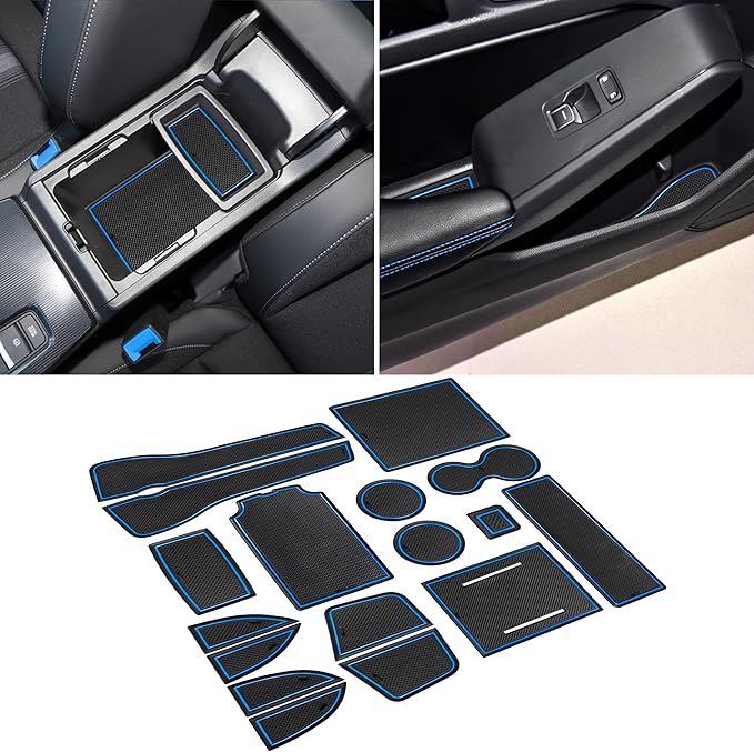 SENSHINE for Honda Civic Accessories 2022 2023 2024 2025 2026 11th Gen Sedan Cup Holder Insert Center Console Liner Door Slot Mats Pad Coaster Trim Premium Rubber Custom Interior 17PC Set (Blue Trim)