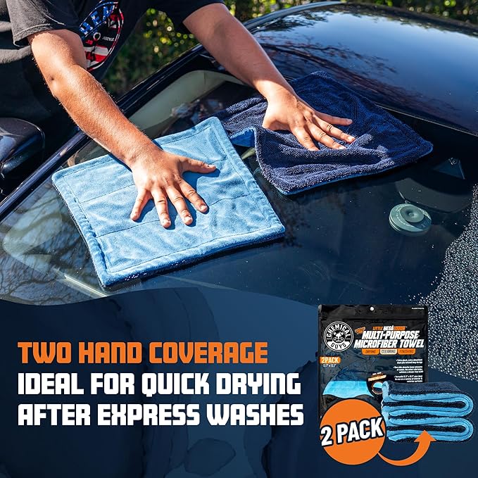 Chemical Guys Little Megalodon Multi Purpose Microfiber Towel (2 Pack) 13.7 x 13.7 Inch – Ultra Plush Detailing Towels for Car Wash, Drying, Interior Cleaning, Glass, Dusting & Polishing