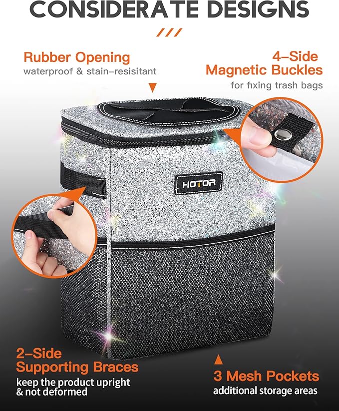 HOTOR Car Trash Can with Lid and Storage Pockets - 100% Leak-Proof Organizer, Waterproof Garbage Can, Multipurpose Trash Bin for Car, 2 Gallons, Sparkle White