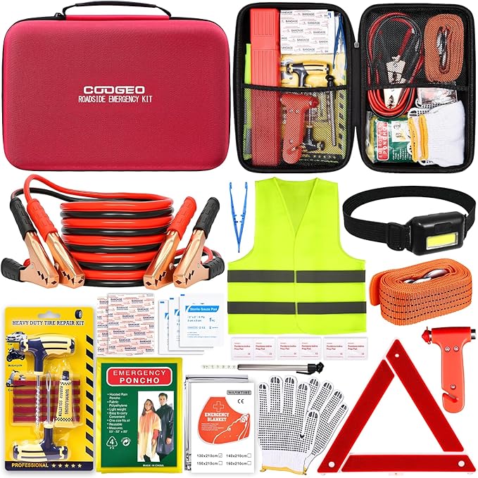15PC Car Emergency Kit with Jumper Cables, Roadside Assistance Safety Kit for Auto & Truck, Includes Safety Hammers, Tow Strap, Warning Triangle, First Aid, Gifts for Young Men or Women,Red