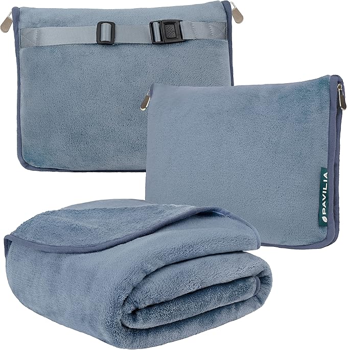 PAVILIA Travel Blanket Pillow, Soft Airplane Blanket 2-IN-1 Combo Set, Plane Blanket Compact Packable, Flight Essentials Car Pillow, Travelers Gift Accessories Luggage Backpack Strap, 60x43 Slate Blue