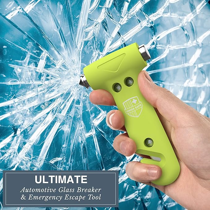 Swiss Safe Durable 5-1 Car Safety Hammer Window Breaker Breaker Tool w/Seatbelt Cutter - Emergency Escape Glass Hammer - Truck, Car Safety Essentials & Accessories - Glow, 1 Pack