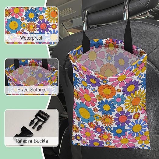 Groovy Flower Car Trash Bag,Retro Daisy Hanging Drawstring Car Garbage Bag,Waterproof Canvas Car Back Seat Organizer with Adjustable Buckle,for Vehicles,SUVs,Camping,Road Trips