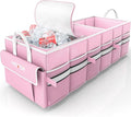 HOTOR Trunk Organizer - Car Organizer with Built-In Leakproof Car Cooler, Collapsible Trunk Organizer with Cooler for Car, SUV, Sedan, with Base Panel (3 Compartments, Pink),31.9"×12.6"×10.6"