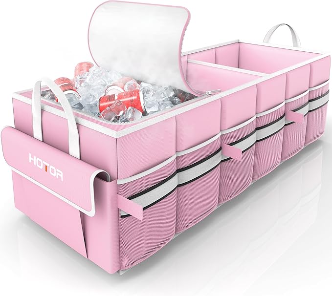 HOTOR Trunk Organizer - Car Organizer with Built-In Leakproof Car Cooler, Collapsible Trunk Organizer with Cooler for Car, SUV, Sedan, with Base Panel (3 Compartments, Pink),31.9"×12.6"×10.6"