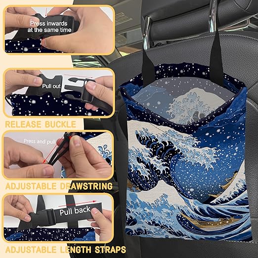 Great Sea Wave Car Garbage Bag, Small Car Trash Bag Hanging Back of Seat,Drawstring Car Trash Bag with Adjustable Buckle,Car Accessories for Camping Travelling