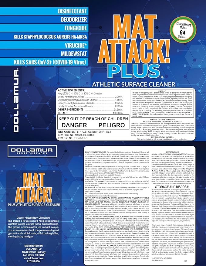 Dollamur Mat Attack! PLUS® Gym & Yoga Mat Cleaner, Hygienic Cleaner for Rubber Flooring, Wrestling Mats, and Fitness Floors-Gallon