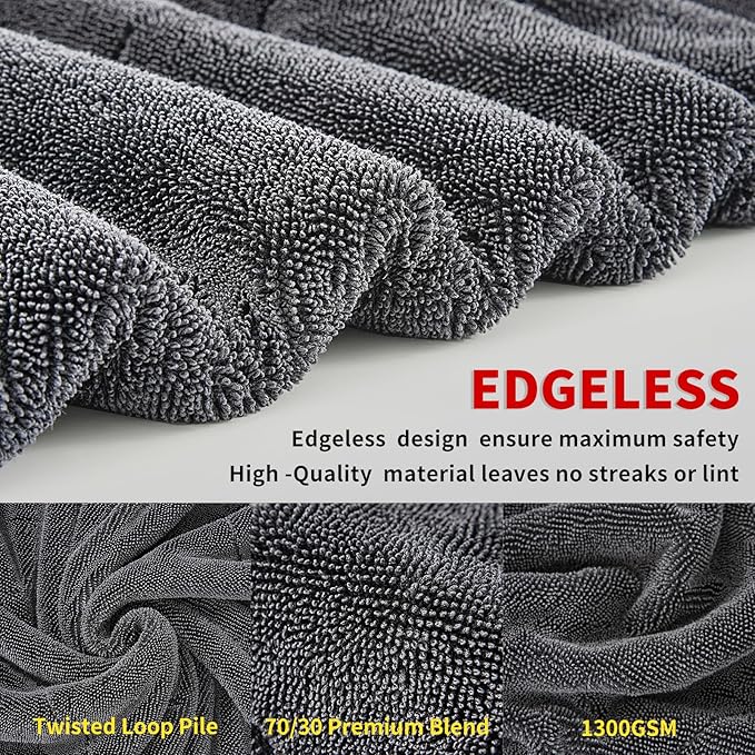 Wasal Car Drying Towel - 24" x 36" XL, Popular Pick Among Detailing Pro- 1300 GSM Microfiber Edgeless Twisted Loop Design - 70/30 Blend, Extra Large,Super-Fast Drying, Streak Free