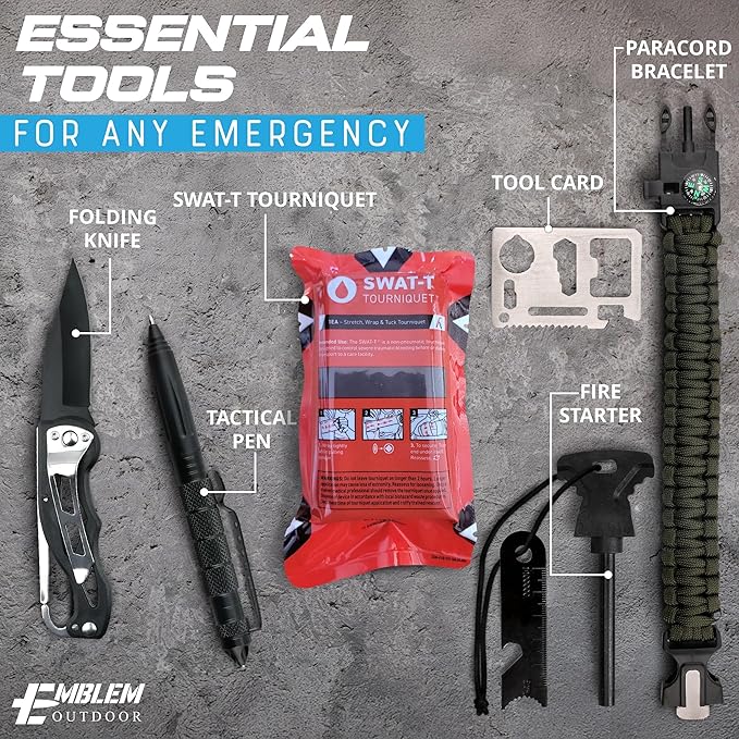 242 pc First Aid Survival Kit with SWAT-T Tourniquet Made in USA | IFAK Emergency Trauma Kit | Survival Gear | by Emblem Outdoor