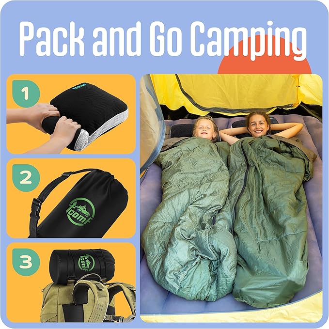 Kids Camping Pillow: Dual-Cover Memory Foam Small Pillow; Medium-Firm Camp Pillow | Mini Pillow w/ 5 Layers for Comfort and Support; Small Travel Pillow/Compact Pillow 10x16 Inches (Black)