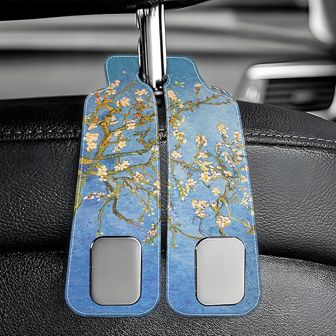 1 Pack Car Seat Headrest Hooks for Purses Abstract Blossoming Almond Tree Bag Purse Holder for Car with Double Metal Hooks Car Purse Hanger Hanging Accessories