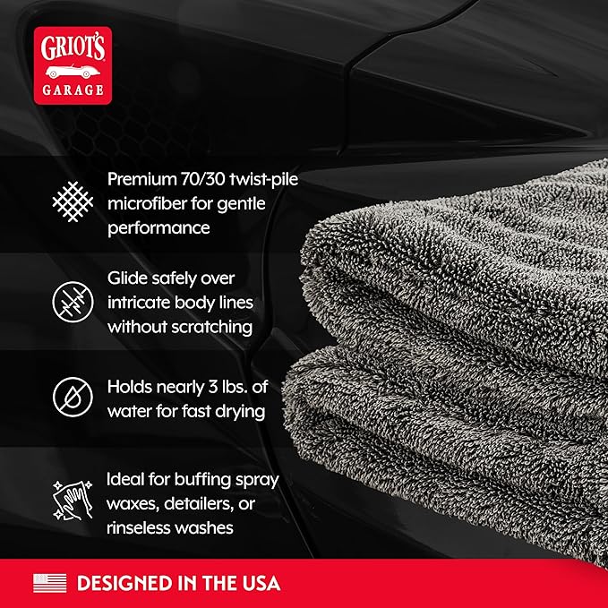 Griot's Garage PFM Ultrafast Edgeless Towels for Car Cleaning and Detailing, Hyper-Absorbent, Scratch-Free, Compact, 16” x 16”, Set of 2, 55539