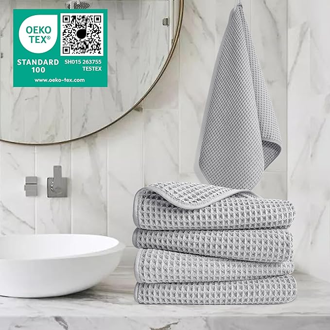 POLYTE 430 GSM Microfiber Lint Free Hand Towel, 16 x 30 in, 4 Pack (Waffle Weave)