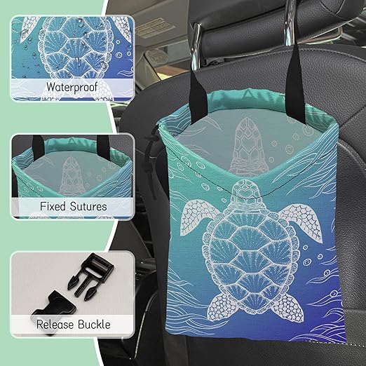 Sea Turtle Car Trash Bag,Hanging Drawstring Car Garbage Bag,Waterproof Canvas Car Back Seat Organizer with Adjustable Buckle,for Vehicles,SUVs,Camping,Road Trips