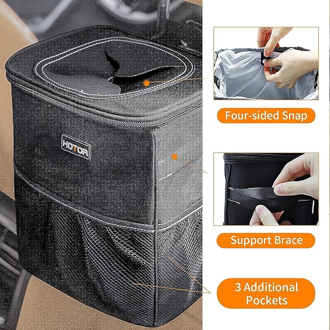 HOTOR 3 Gallons Car Trash Can, Ultra Large Capacity Organizer and Storage with Adjustable Straps & Magnetic Snaps, Waterproof Car Accessory for Interior Car Stuff Storage, Black