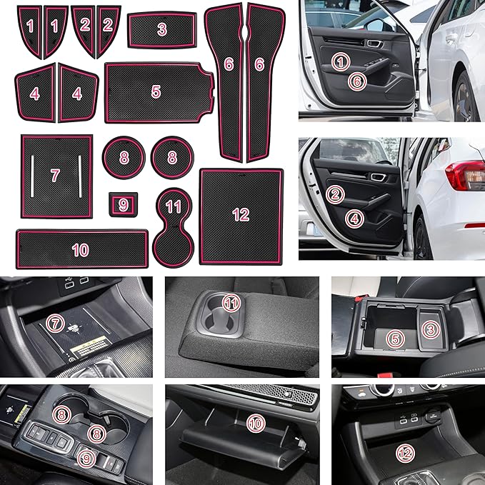 SENSHINE for Honda Civic Accessories 2022 2023 2024 2025 2026 11th Gen Sedan Cup Holder Insert Center Console Liner Door Slot Mats Pad Coaster Trim Premium Rubber Custom Interior 17PC Set (Pink Trim)
