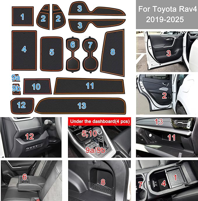 SENSHINE 3D Cup Holder Insert for Toyota Rav4 Accessories 2019-2023 2024 2025 Center Console Liner Door Pocket Mats Non-Slip Anti Dust Pad Premium Interior 16 Pcs (Orange Trim)