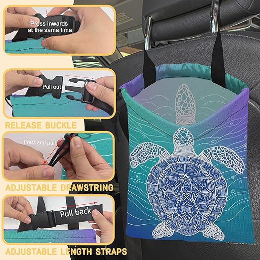 Sea Turtle Car Garbage Bag,Blue Marine Turtle Small Car Trash Bag Hanging Back of Seat,Drawstring Car Trash Bag with Adjustable Buckle,Car Accessories for Camping Travelling