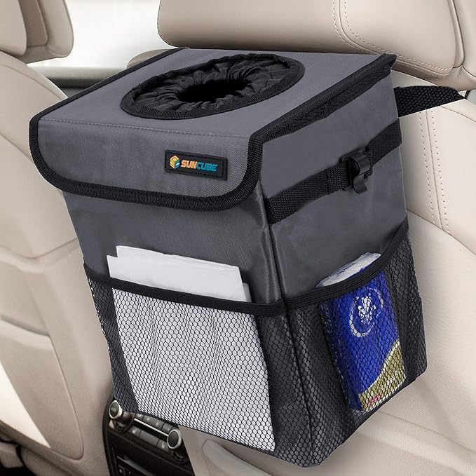 SUN CUBE Waterproof Car Trash Can with Lid, Mesh Pockets | Leakproof Car Garbage Can Hanging | Auto Trash Bin, Garbage Bag Organizer for Headrest, Console, Truck (Dark Gray)