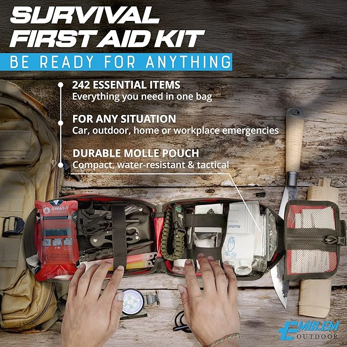 242 pc First Aid Survival Kit with SWAT-T Tourniquet Made in USA | IFAK Emergency Trauma Kit | Survival Gear | by Emblem Outdoor