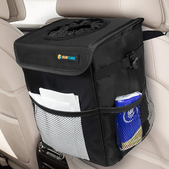 SUN CUBE Waterproof Car Trash Can with Lid, Mesh Pockets | Leakproof Car Garbage Can Hanging | Auto Trash Bin, Garbage Bag Organizer for Headrest, Console, Truck (Black)
