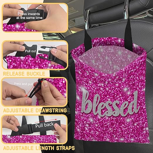 Blessed Car Garbage Bag,Pink Glitter Small Car Trash Bag Hanging Back of Seat,Drawstring Car Trash Bag with Adjustable Buckle,Car Accessories for Camping Travelling