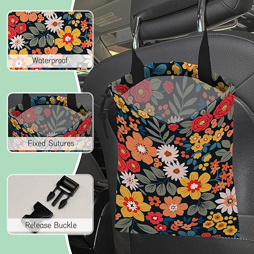 Colorful Flowers Car Trash Bag,Floral Bouquets Hanging Drawstring Car Garbage Bag,Waterproof Canvas Car Back Seat Organizer with Adjustable Buckle,for Vehicles,SUVs,Camping,Road Trips