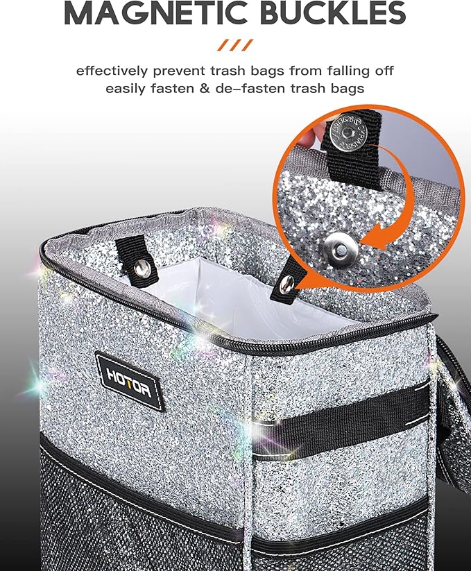 HOTOR Car Trash Can with Lid and Storage Pockets - 100% Leak-Proof Organizer, Waterproof Garbage Can, Multipurpose Trash Bin for Car, 2 Gallons, Sparkle White
