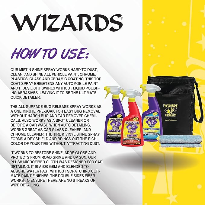 Wizards 5 Piece Car Detailing Kit - Beginner Friendly Professional Car Detailing Kit - Car Accessories for Men - Comes with a Microfiber Towel, Storage Bag and 22 oz Spray Bottles