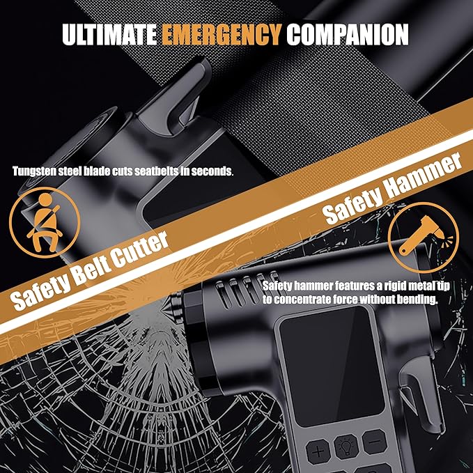 Tire Inflator Portable Air Compressor, 150PSI Pump with Digital Pressure Gauge & Auto Shut-Off for Car/Bike/Motorcycle Tires&Ball, with LED Light, Safety Hammer & Seatbelt Cutter Function