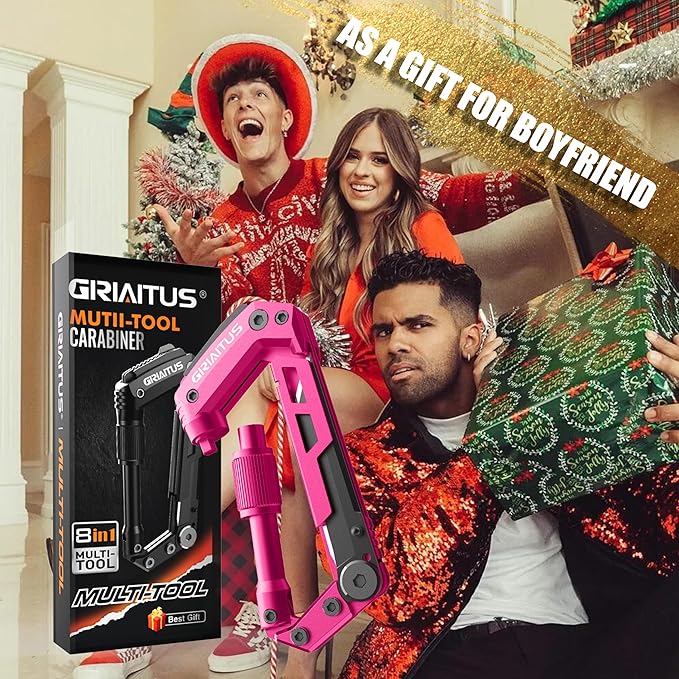 Multitool Carabiner with Pocket Knives, EDC Carabiners, Folding Serrated Knife, Can Bottle Opener, Rope Cutter, Screwdriver, Keychain Knife for Camping Hiking, Gifts for Women/Men (Pink)