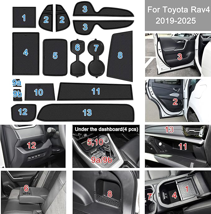SENSHINE 3D Cup Holder Insert for Toyota Rav4 Accessories 2019-2023 2024 2025 Center Console Liner Door Pocket Mats Non-Slip Anti Dust Pad Premium Interior 16 Pcs (Black Trim)