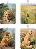 Vintage Golden Retriever Floral Air Freshener 4Pcs, Artistic Dog & Flower Field Air Freshener for Car Interior, Closet, Drawer, Books, Car Mirror Decor Hanging, Gift for Dog Lovers