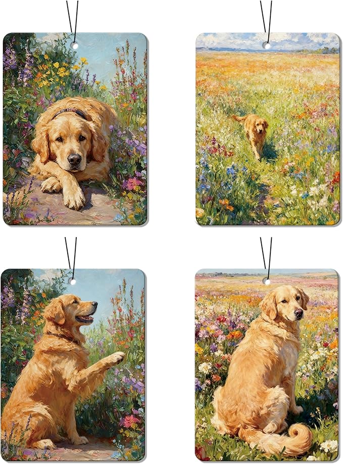 Vintage Golden Retriever Floral Air Freshener 4Pcs, Artistic Dog & Flower Field Air Freshener for Car Interior, Closet, Drawer, Books, Car Mirror Decor Hanging, Gift for Dog Lovers