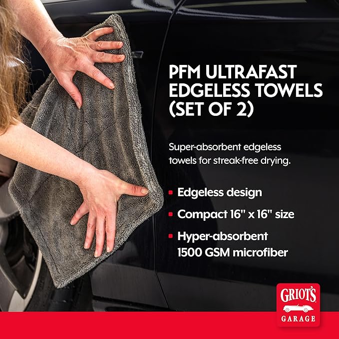 Griot's Garage PFM Ultrafast Edgeless Towels for Car Cleaning and Detailing, Hyper-Absorbent, Scratch-Free, Compact, 16” x 16”, Set of 2, 55539