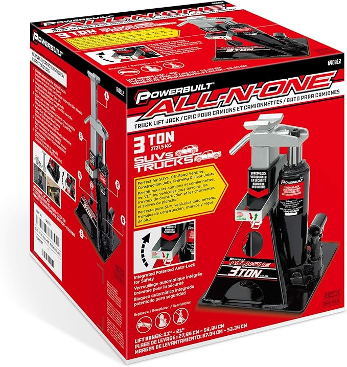 POWERBUILT 3 Ton All-in-One Hydraulic Bottle Jack and Jackstand in One, Compact, Wide Base, 11-21 Inch Range, Eliminates Jackstands, for Trucks, SUVs, RVs, Trailers, ASME, Not for Sedans - 640912