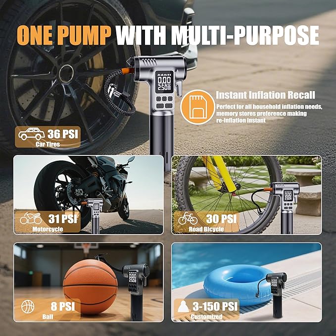 Tire Inflator Portable Air Compressor, Digital Pressure Gauge & Auto Shut-Off, Portable emergency tool as LED light, safety hammer & seatbelt cutter, for Car, Bike, Ball, Motor