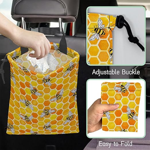 Watercolor Bees Car Trash Bag,Honeycombs Hanging Drawstring Car Garbage Bag,Waterproof Canvas Car Back Seat Organizer with Adjustable Buckle,for Vehicles,SUVs,Camping,Road Trips