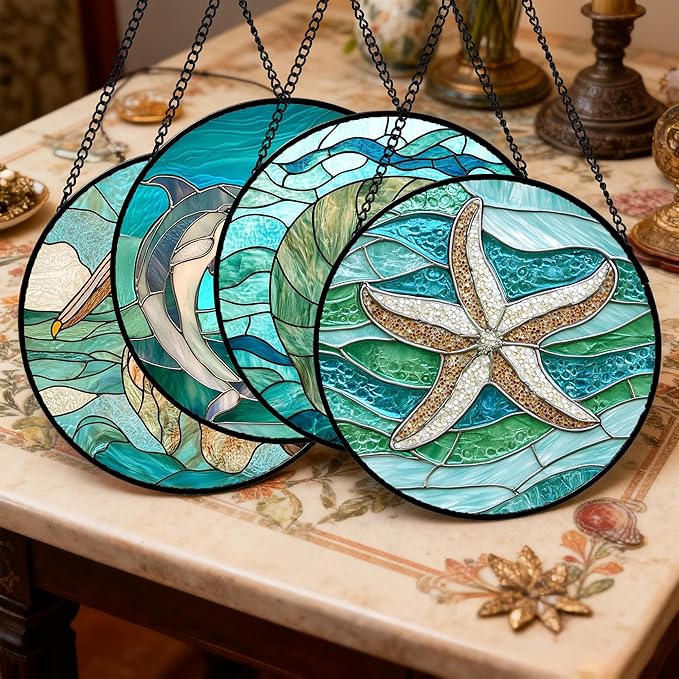 Stained Glass Window Hanging 4 Pcs Set Cyan Ocean Life Theme 9.8" - Sea Starfish Suncatcher Door Garden Sun Catcher Decor Birthday for Mom Woman Nana Men Friend
